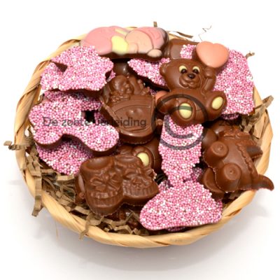Geboorte chocolade roze in mandje